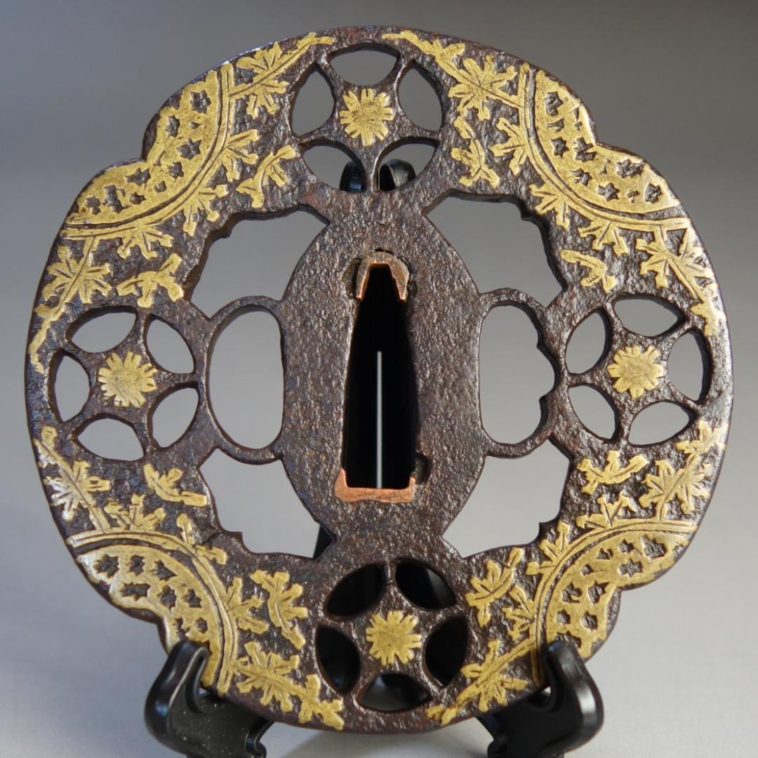 【真鍮象嵌 与四郎鍔】(認定書・鍔箱付き) 鍔 鐔 刀装具 日本刀 武具 骨董