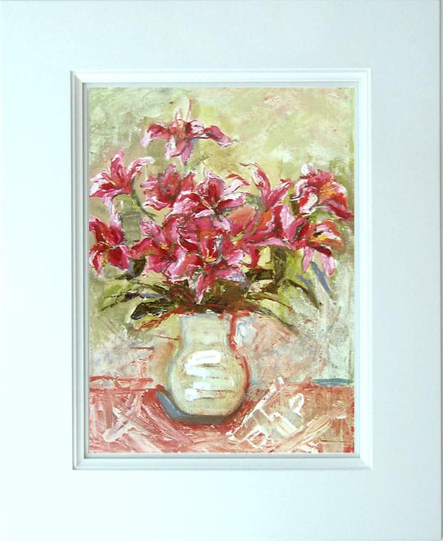 油絵 菅家令子 絵 絵画インテリア額付(青緑＋金色の枠)uF6-070902ゆり