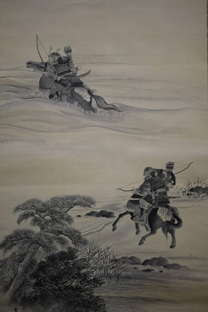 真作/雪城/宇治川合戦之図/桐共箱付/布袋屋掛軸HG-89