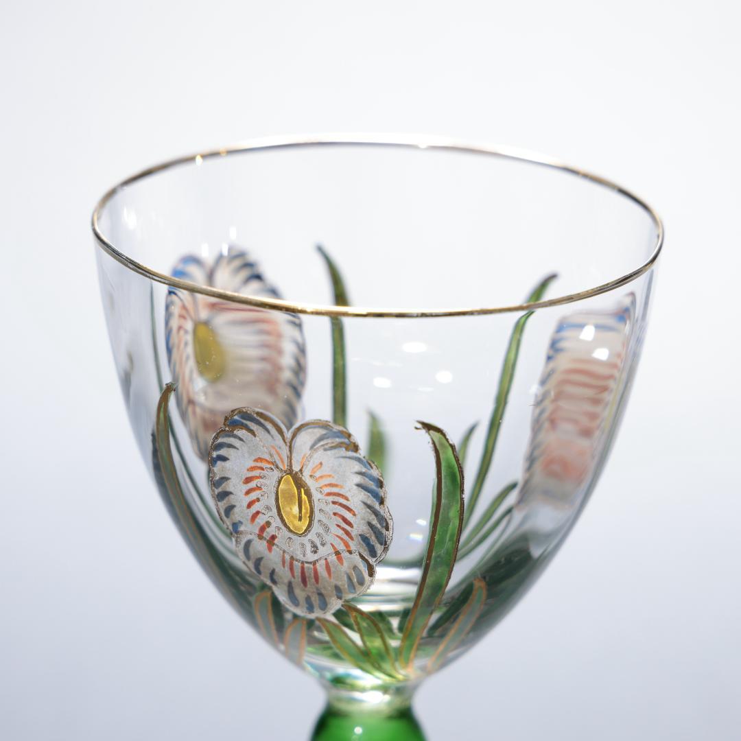 【美品】アンティークグラス　エナメル彩　花　ステム緑　R1338ダI