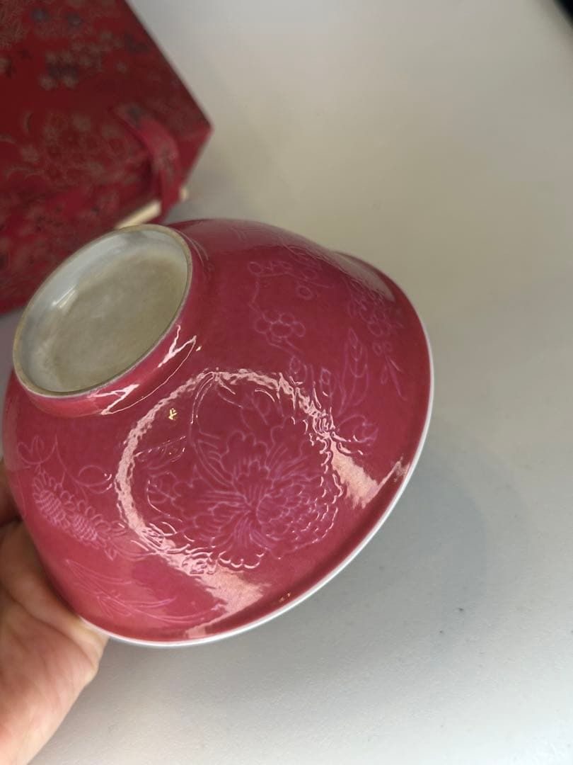 玫紅釉 粉釉 花卉文 碗　荷花・向日葵・牡丹文　中国古美術　時代物　錦箱付