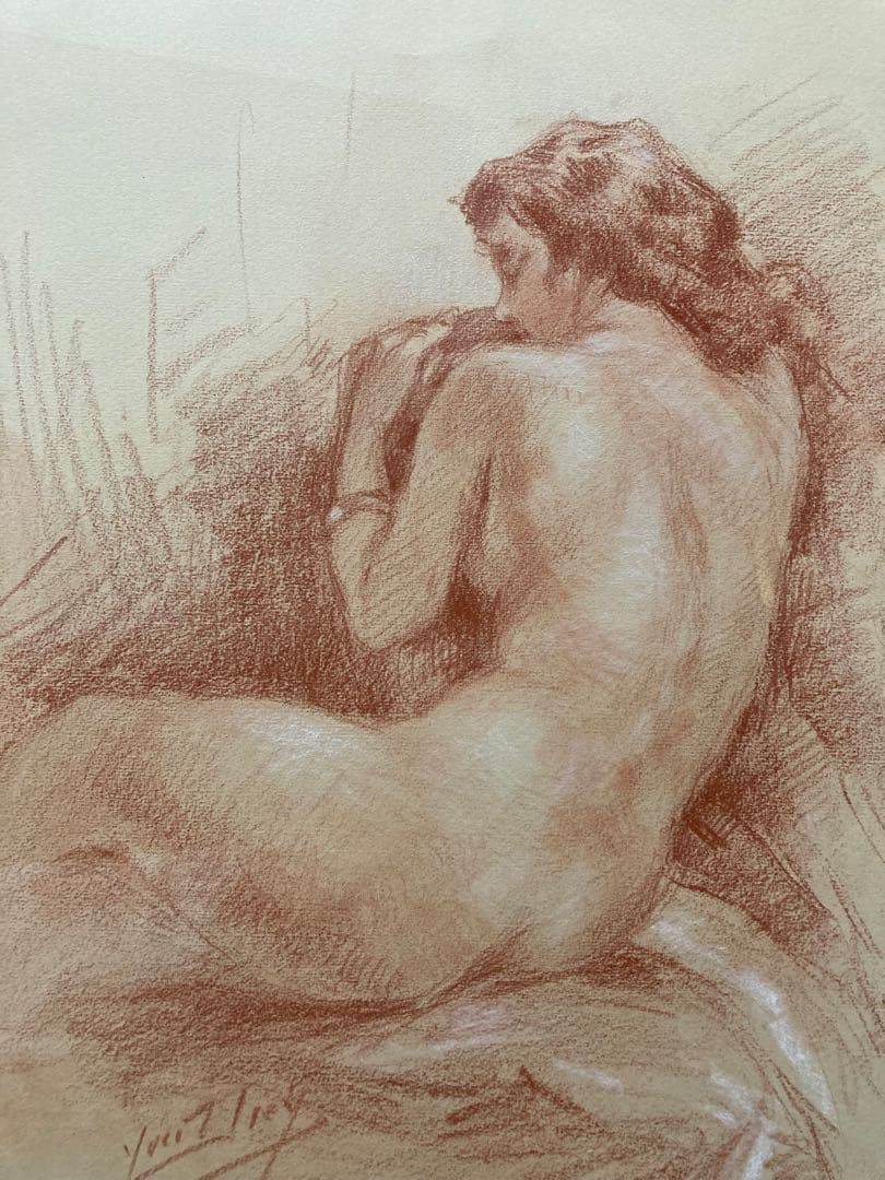 パステル デッサン裸婦人物画【Y Diey】 フランス ビンテージ 1973年作