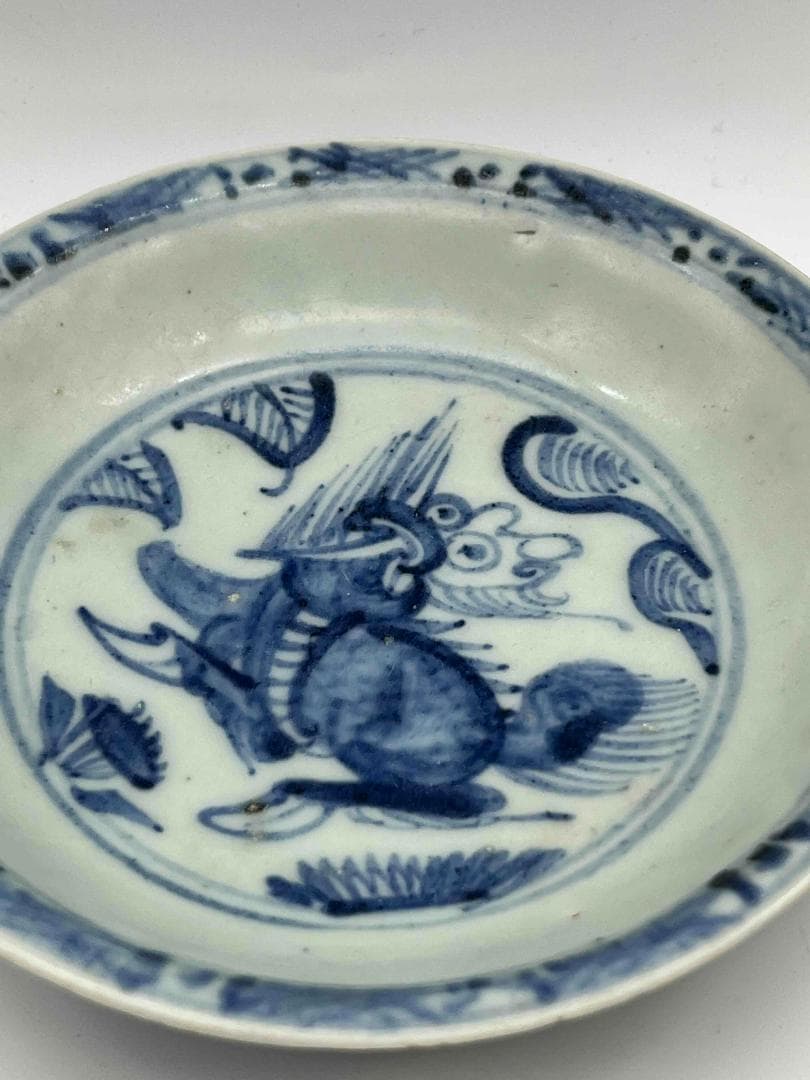 明時代　染付 青花神獣文盤　麒麟文古染付皿 唐物　古賞物　時代物(D-76)