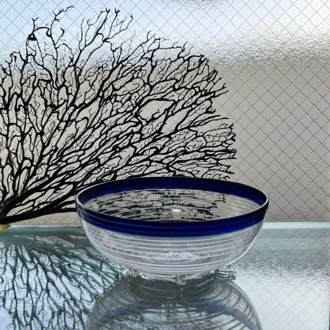 骨董　時代ガラス　瑠璃色フチ　希少　千段　糸巻き輪鉢　菓子器　氷コップ　ウラン②