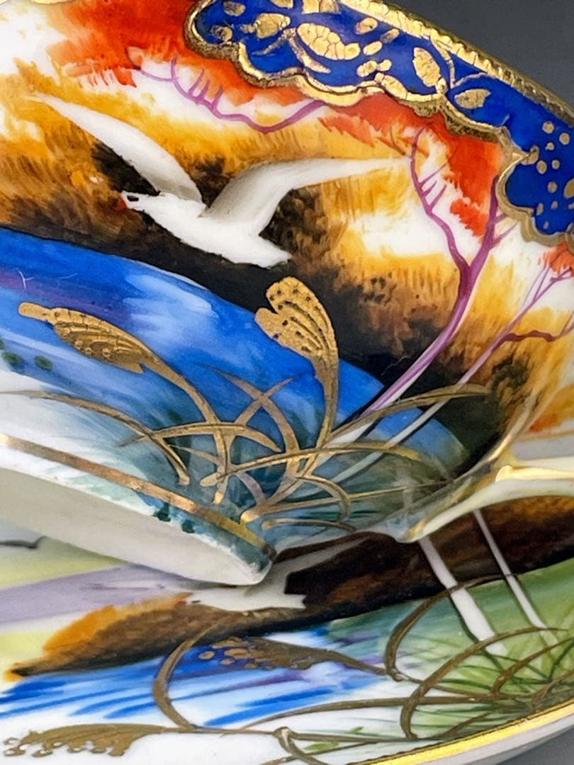 オールドニッポン カモメ 風景図 ティーカップ＆ソーサー アールヌーボー 金盛り