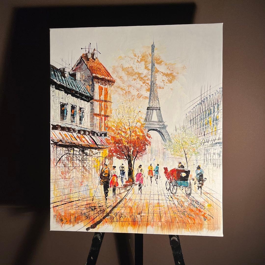 手書き油絵 パリの風景 エッフェル塔 肉筆絵画 インテリア 油彩画