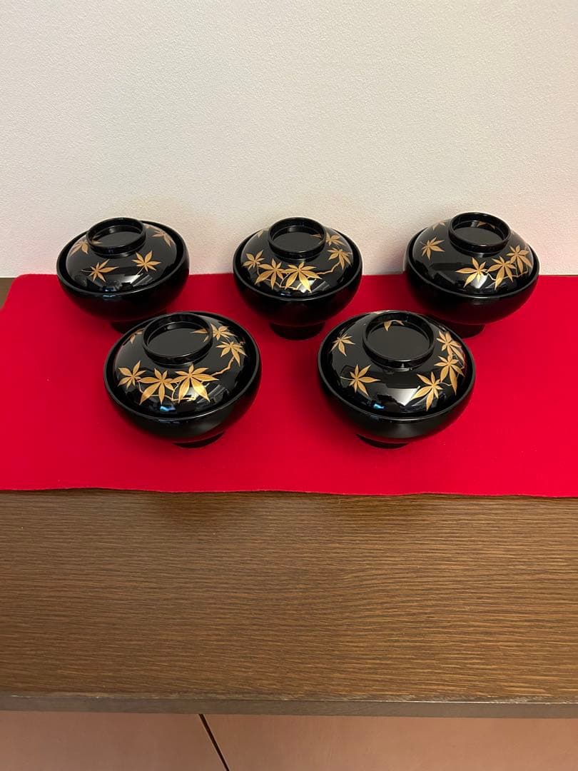 輪島塗　大椀　紅葉蒔絵五客