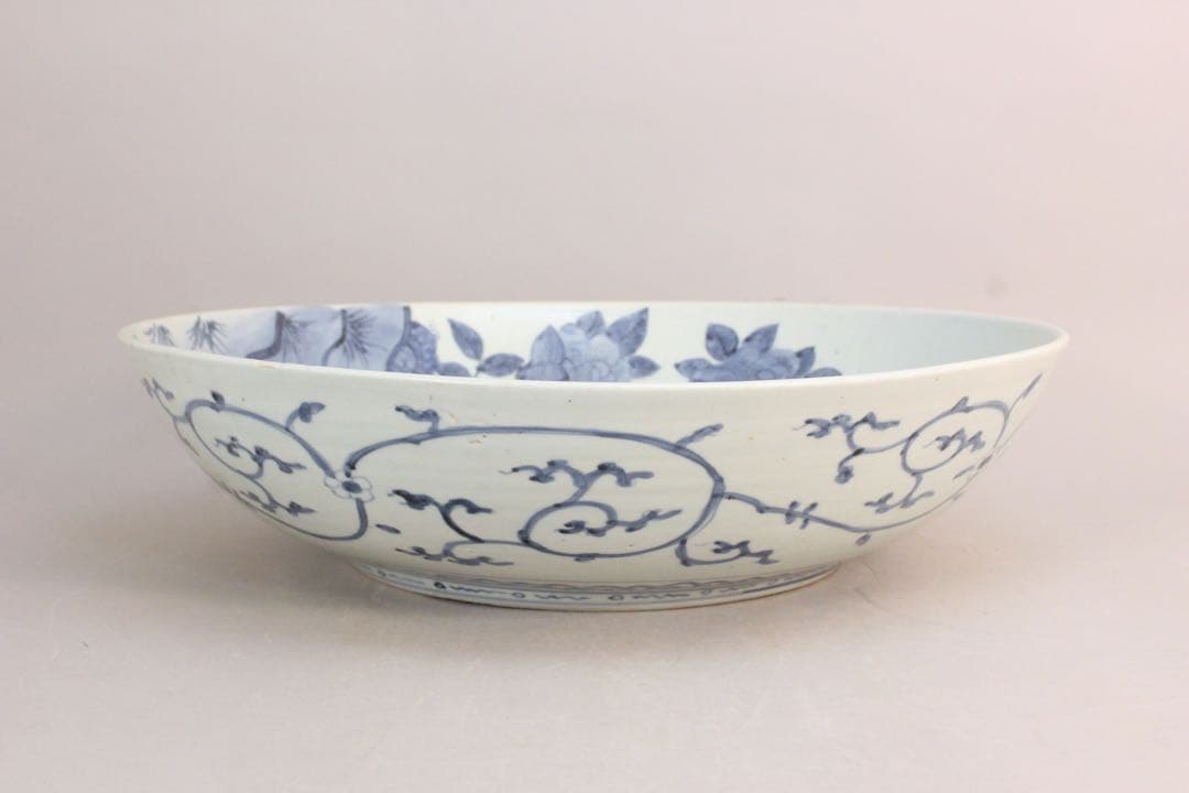 No5146 古伊万里　大明成化年製　染付花鳥文大皿　直径47cm 送料無料