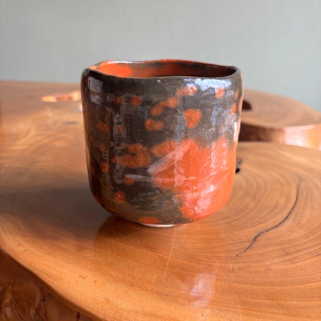 赤楽茶碗 作家物 楽焼 古物 筒茶碗 抹茶碗 茶道具（225Bd）