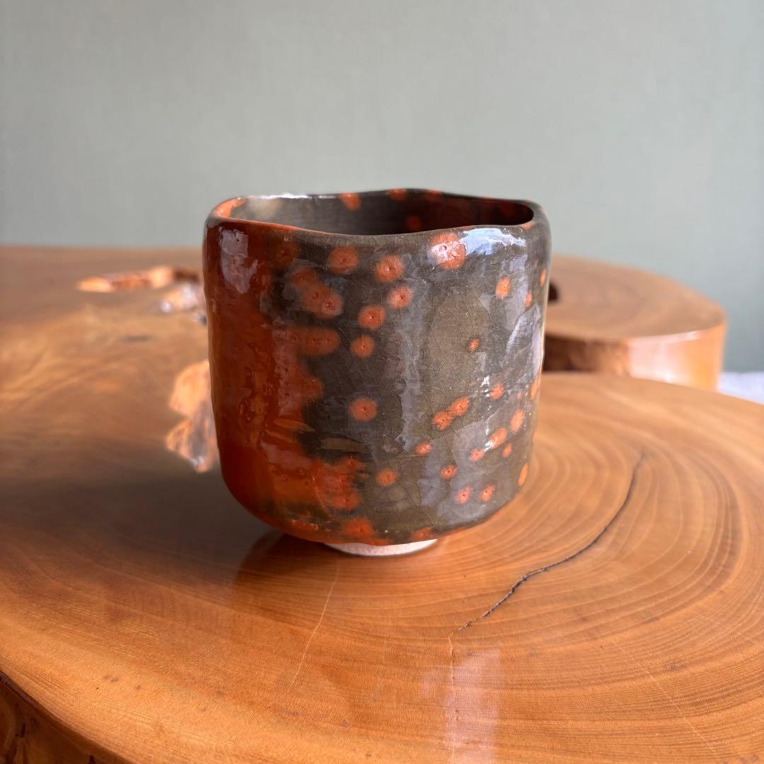 赤楽茶碗 作家物 楽焼 古物 筒茶碗 抹茶碗 茶道具（225Bd）