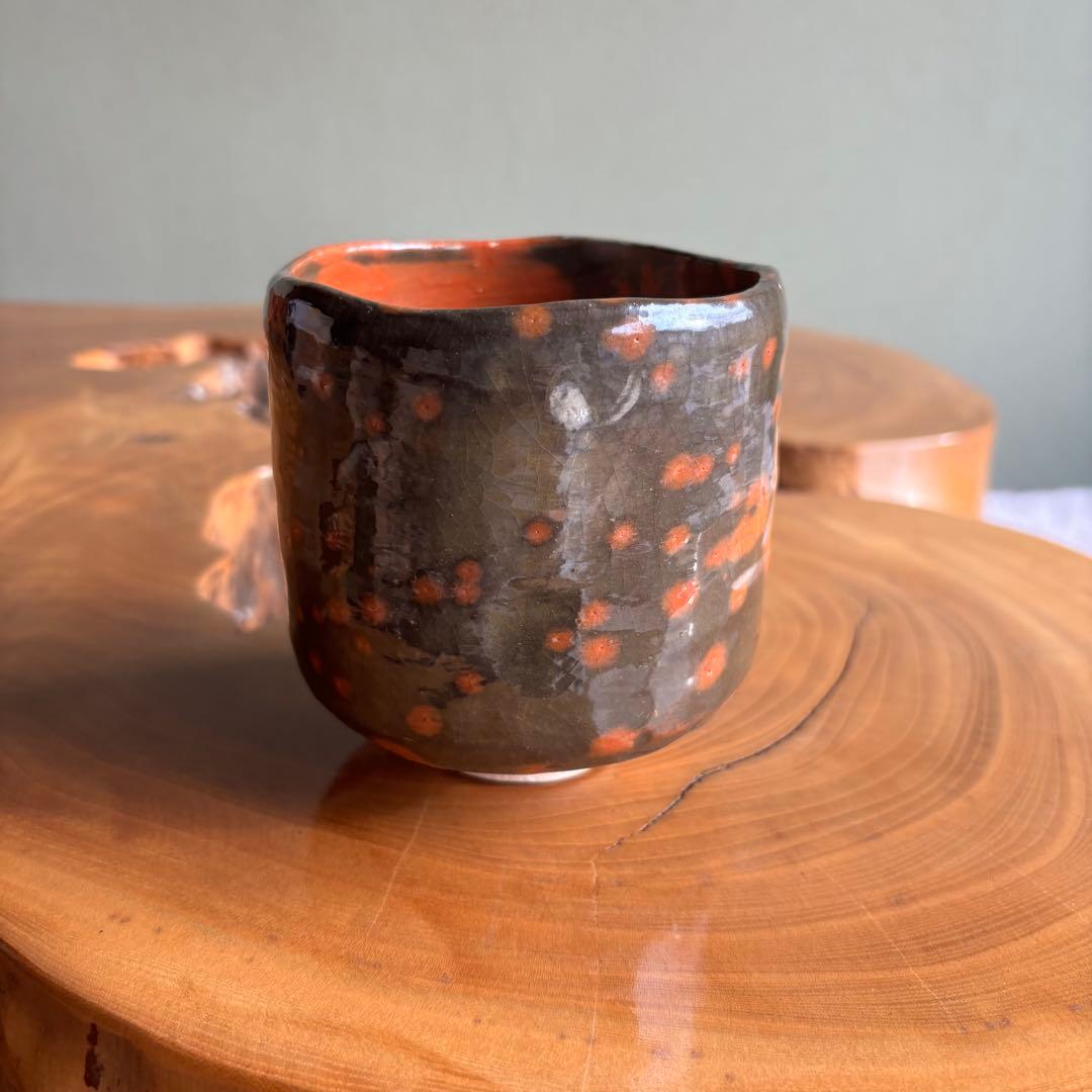 赤楽茶碗 作家物 楽焼 古物 筒茶碗 抹茶碗 茶道具（225Bd）