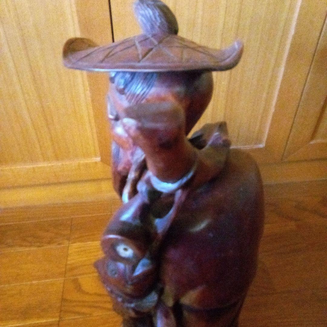 アンティーク木製老人像 大きな帽子と杖付き