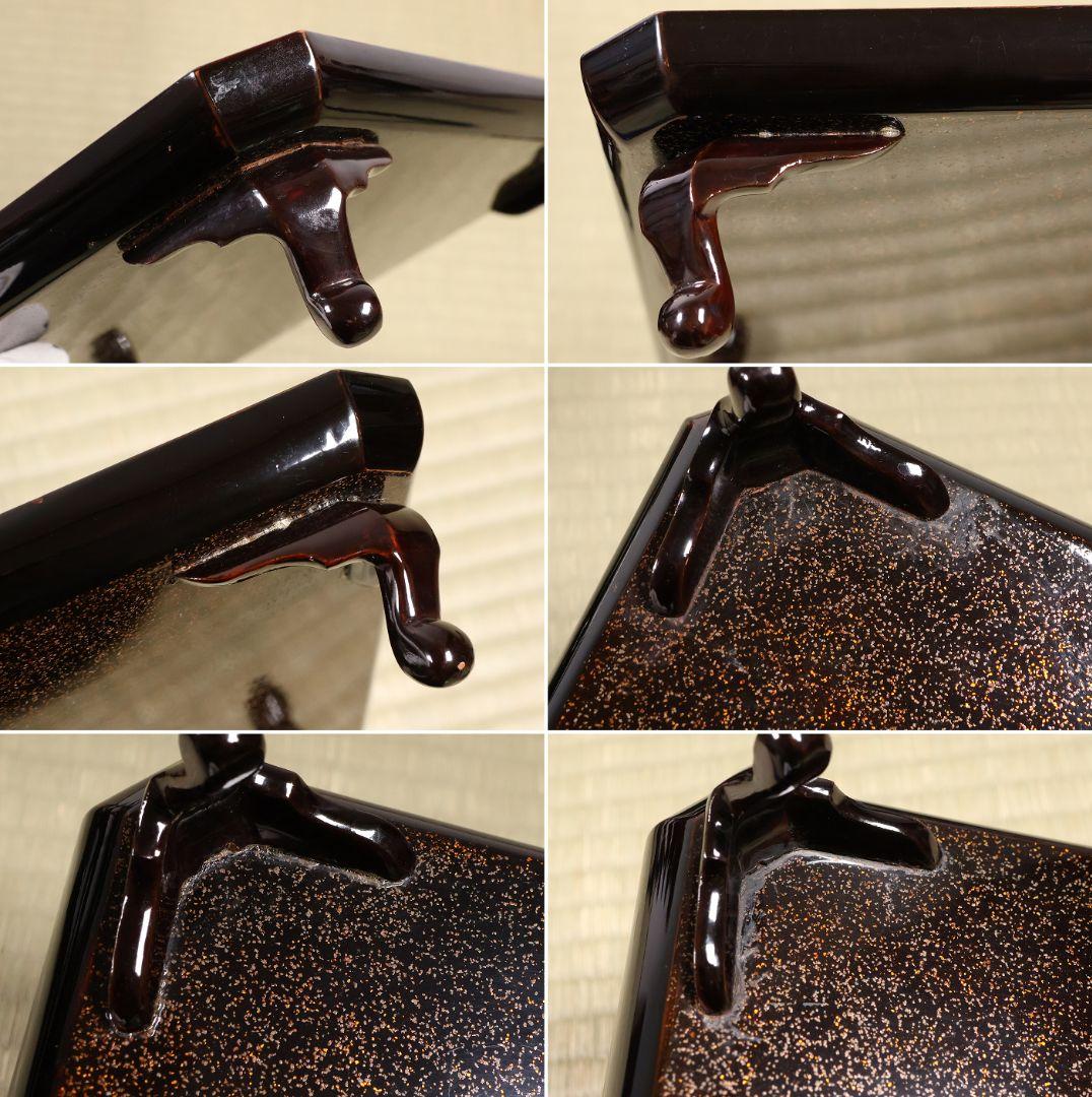 漆芸 山水松竹梅 蝋色塗硯蓋形座附膳 十客 金蒔絵 四方膳 蓬莱鶴亀【CM390