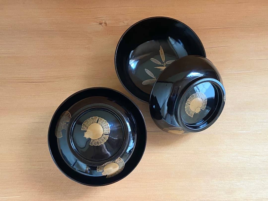 能登に伝わる古民芸 黒漆 福良雀蒔絵 お椀 2客 / 黒塗 漆器椀 蒔絵椀