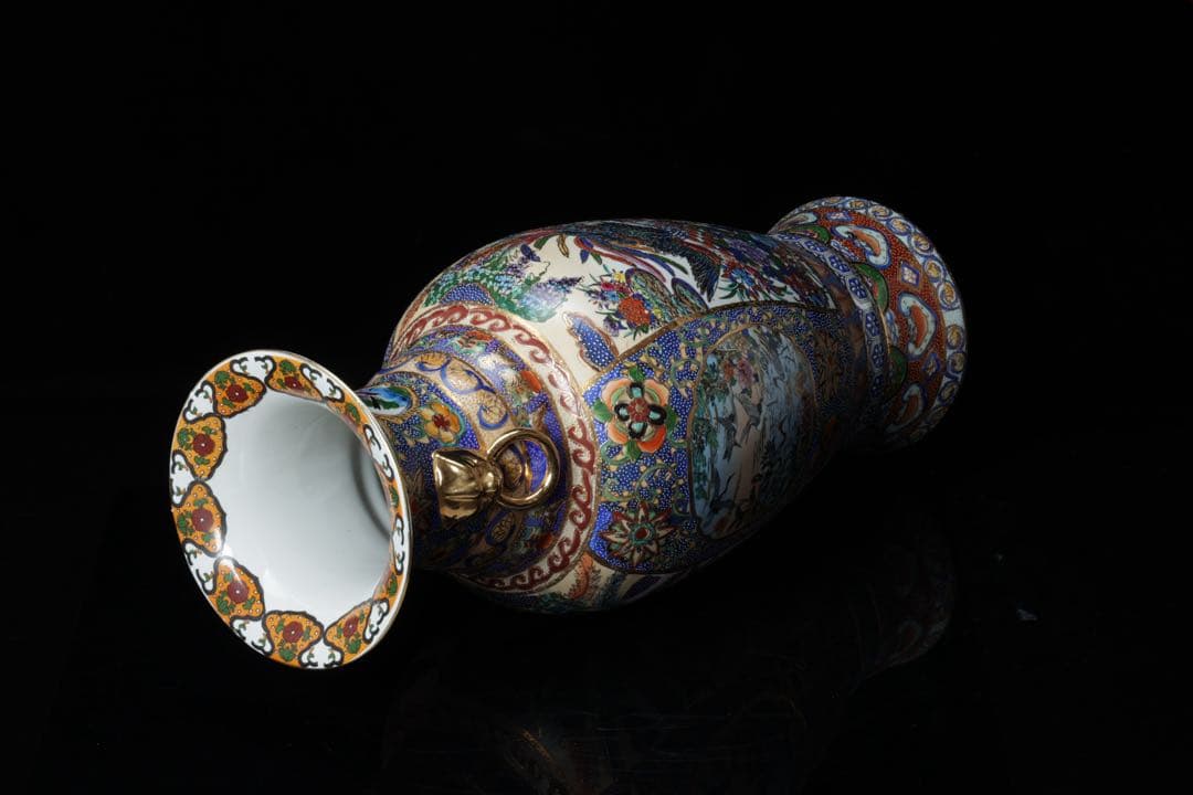 薩摩焼 金薩摩 花鳥紋 大花瓶 鶴 鳳凰 高さ61.5㎝ 壺 耳付き 古美術品