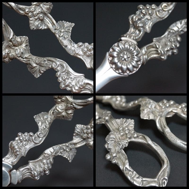 英国アンティークシルバープレート製グレープシザー 葡萄ハサミ金工細工浮彫 葡萄紋