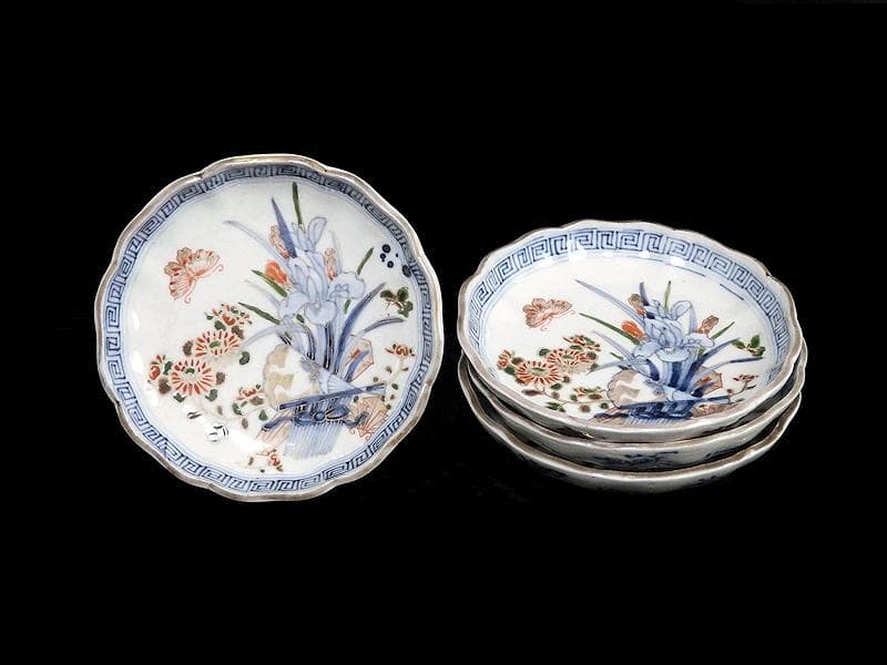 古伊万里　染錦　菖蒲に菊の図　４寸皿　４客　D870AS-BXo