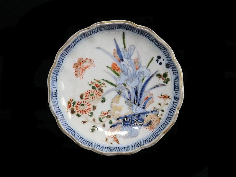 古伊万里　染錦　菖蒲に菊の図　４寸皿　４客　D870AS-BXo