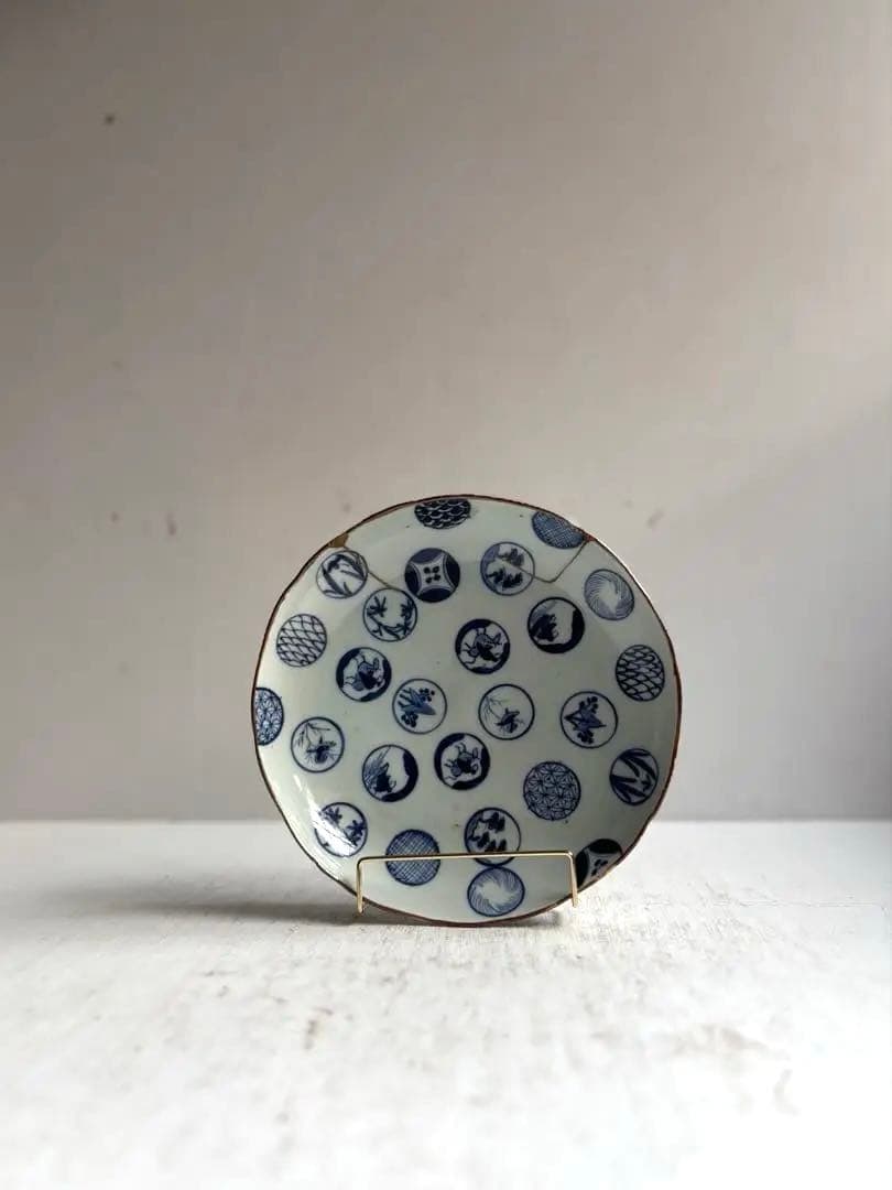 679 骨董 古伊万里 太明成化年製 丸紋染付5寸皿 2点組 幕末 金継ぎ