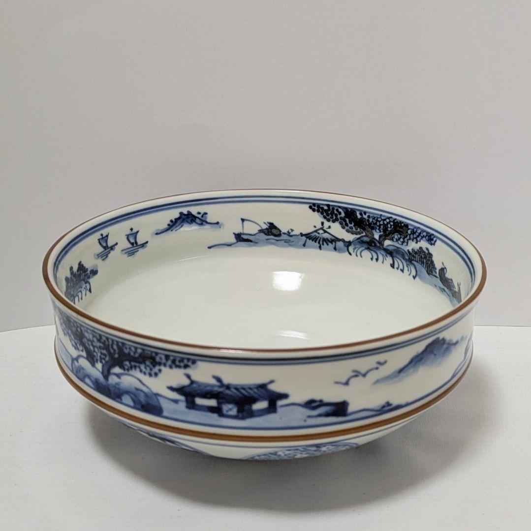 平茶碗　魚藻山水文　染付　共箱 勧修寺窯　手塚景雲（平安）作 古物　中古