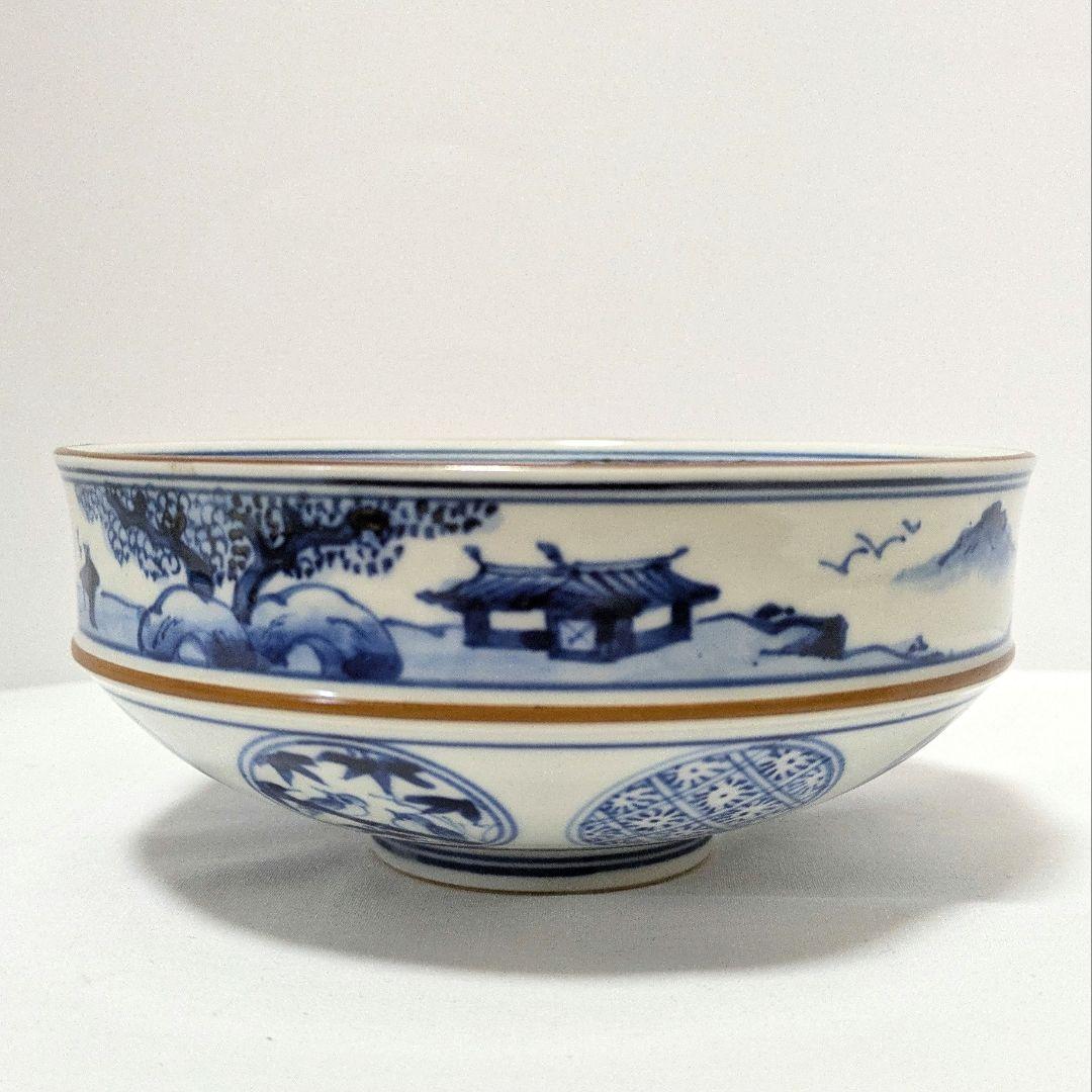 平茶碗　魚藻山水文　染付　共箱 勧修寺窯　手塚景雲（平安）作 古物　中古