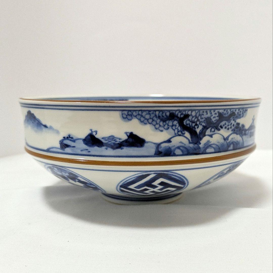 平茶碗　魚藻山水文　染付　共箱 勧修寺窯　手塚景雲（平安）作 古物　中古