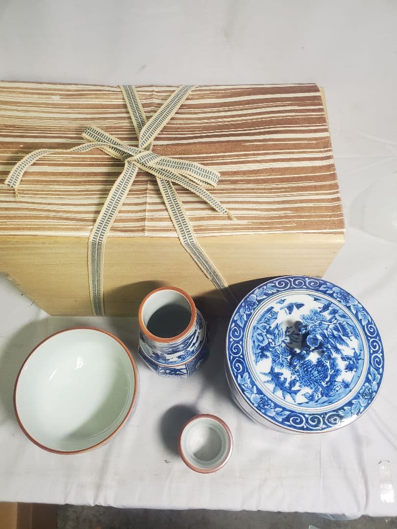 長期保管品　茶道具　皆具　手描き染付面取り　栄泉　共桐箱入　現状で