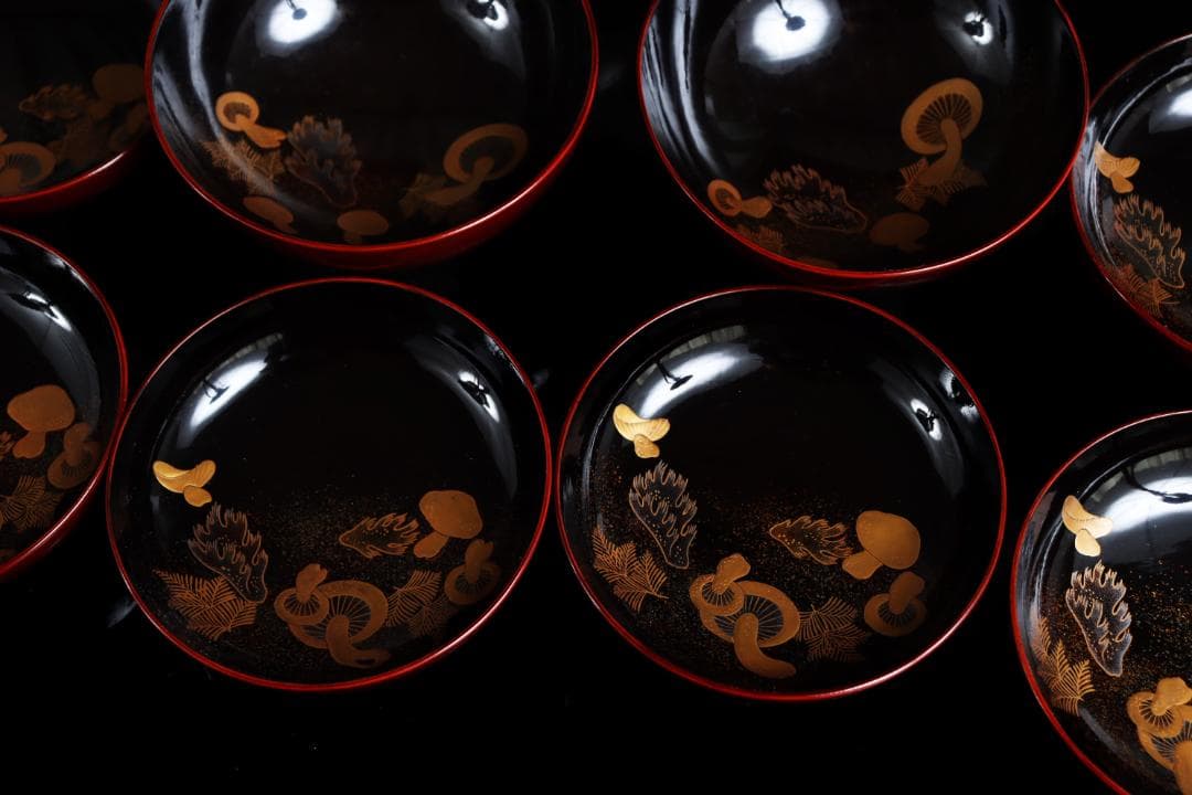 茶道具 見返松茸 蒔絵 吸物椀 十客 木箱 共箱　木製漆器