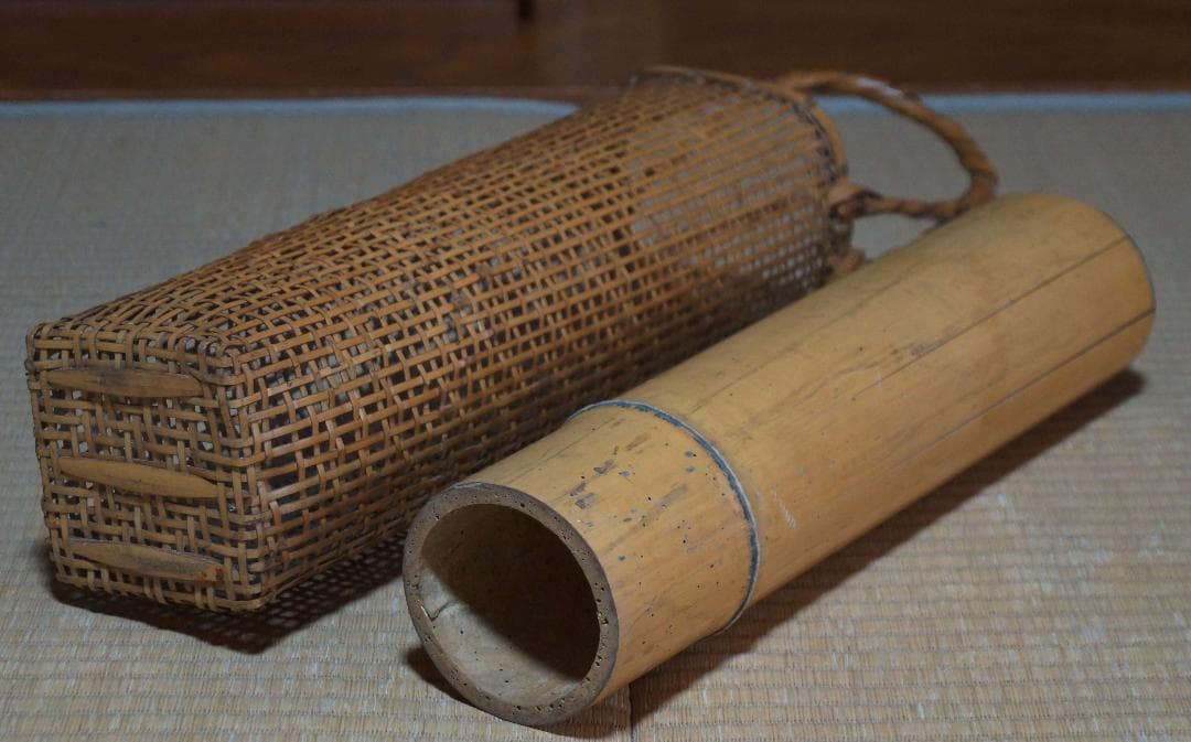 大正期大型竹編網代細工花籠 花器 花入花生 竹編提梁花籃 花篭高さ60cm