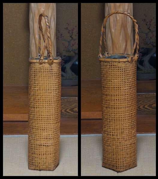 大正期大型竹編網代細工花籠 花器 花入花生 竹編提梁花籃 花篭高さ60cm
