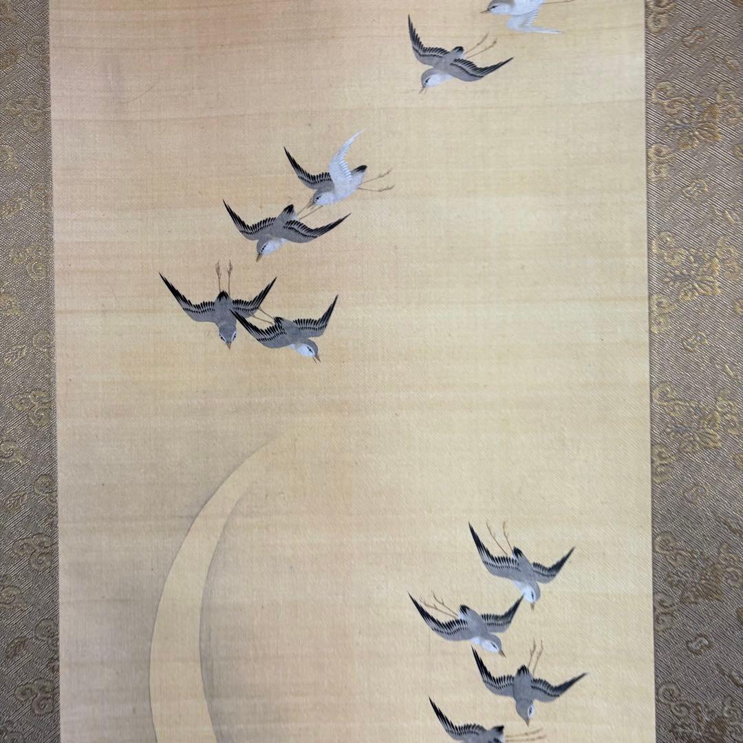 酒井抱一 「三ヶ月千鳥図」工芸画 掛軸 絹本 共箱 日本画 Z-24