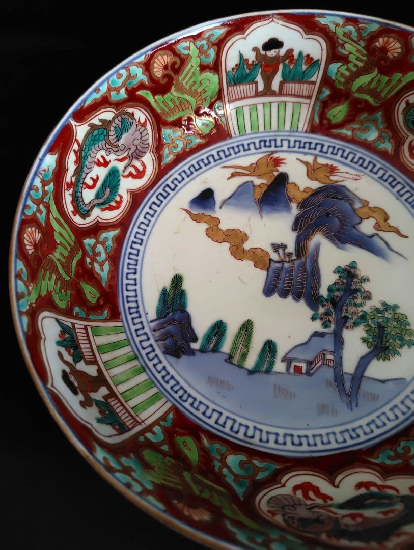 古伊万里　色絵大鉢3個セット『ドラゴン&鶴』江戸〜明治　アンティーク　骨董　金彩