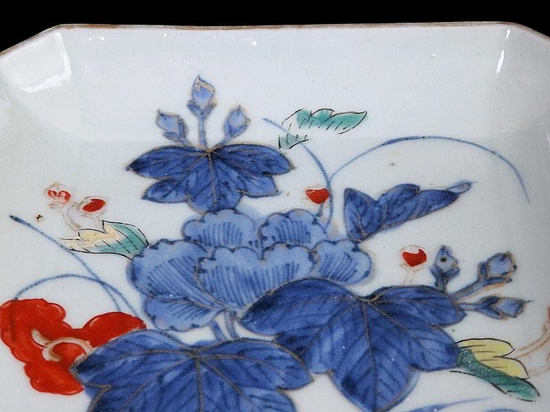 古伊万里　染錦　牡丹の図　角皿　５枚　131AS-CWz
