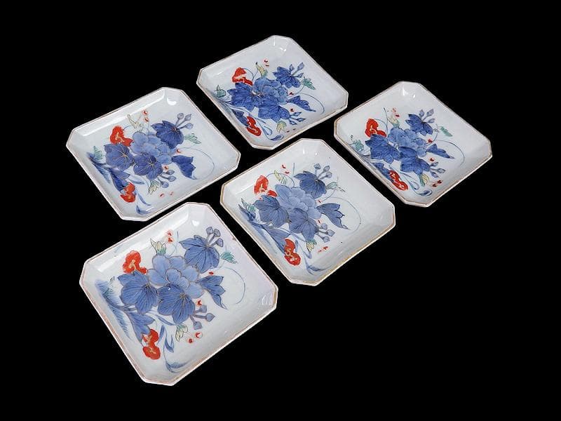 古伊万里　染錦　牡丹の図　角皿　５枚　131AS-CWz