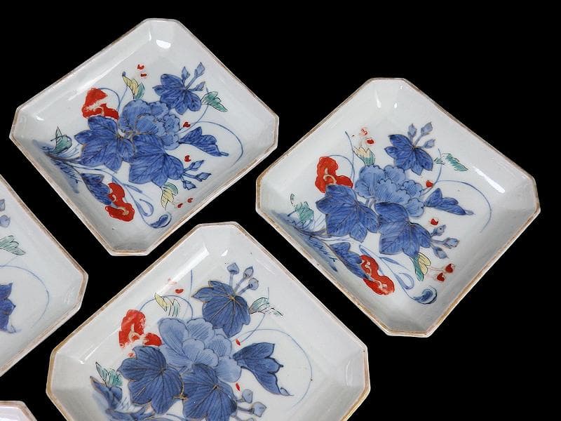 古伊万里　染錦　牡丹の図　角皿　５枚　131AS-CWz