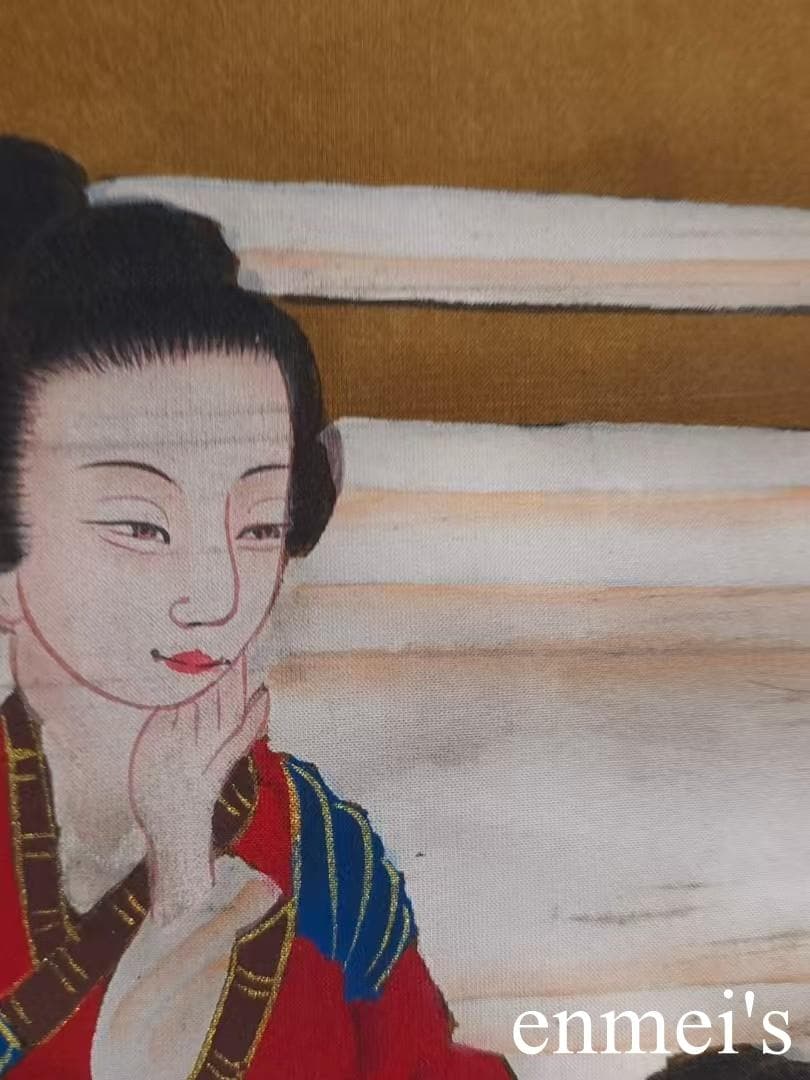 中国古美術・字画三尺仕女人物掛軸・水彩画・唐寅印款・書道品・絹本・仕女画・肉筆
