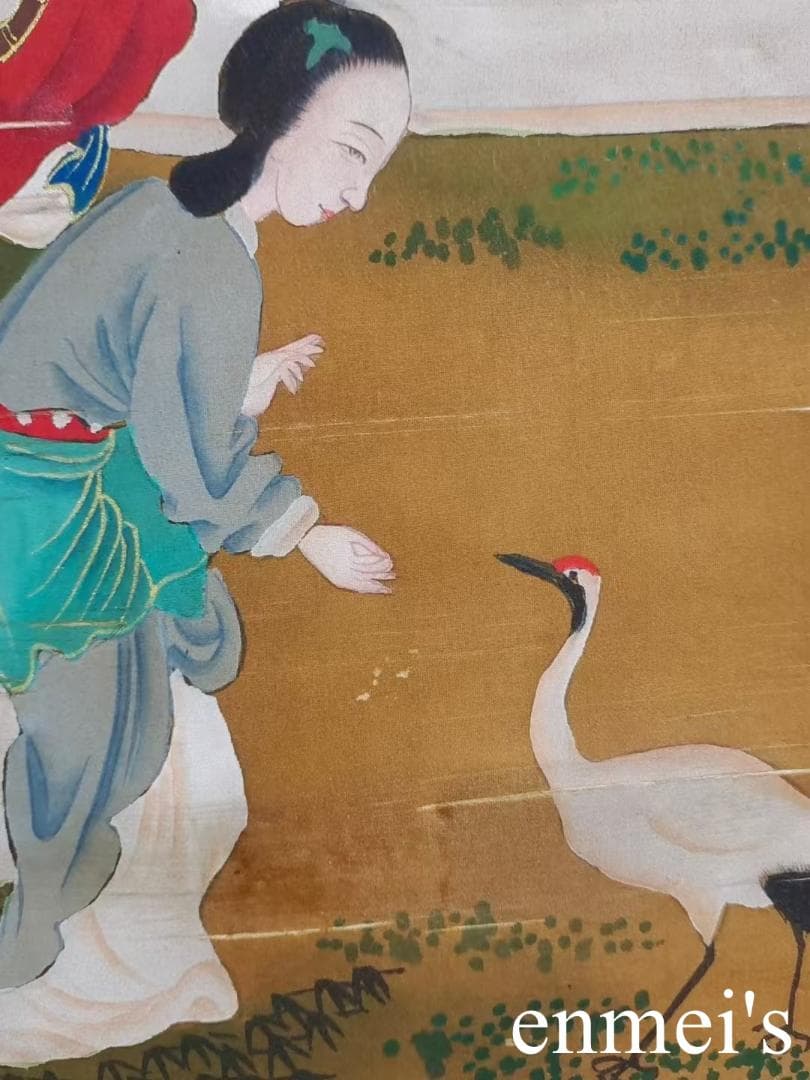 中国古美術・字画三尺仕女人物掛軸・水彩画・唐寅印款・書道品・絹本・仕女画・肉筆