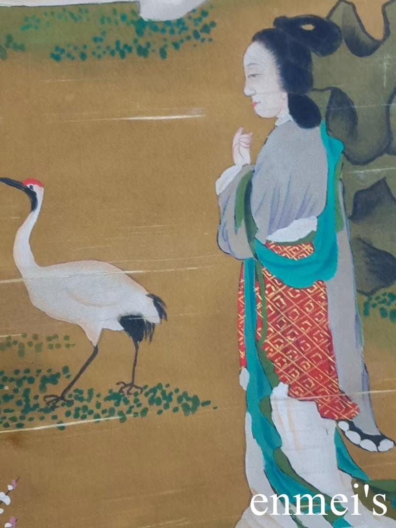中国古美術・字画三尺仕女人物掛軸・水彩画・唐寅印款・書道品・絹本・仕女画・肉筆