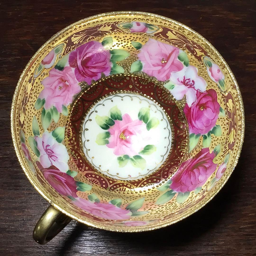 オールド名陶◆ティーカップ ソーサー◆傷あり 金継ぎ用 金彩 薔薇 バラ 戦前