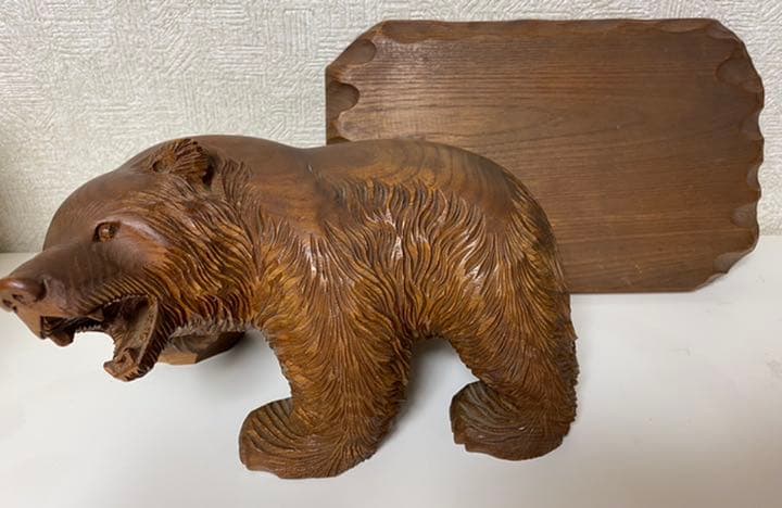 縁起物 天然木 熊木彫置物(台座付)くま クマ 北海道 昭和レトロ