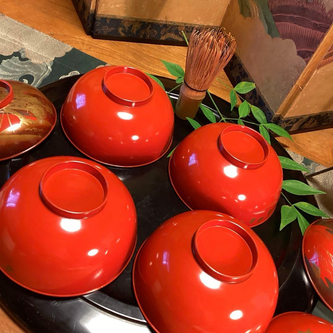 A903木製輪島塗　懐石道具　赤　古典風景蒔絵　『塗師銘仁左衛門』　4客