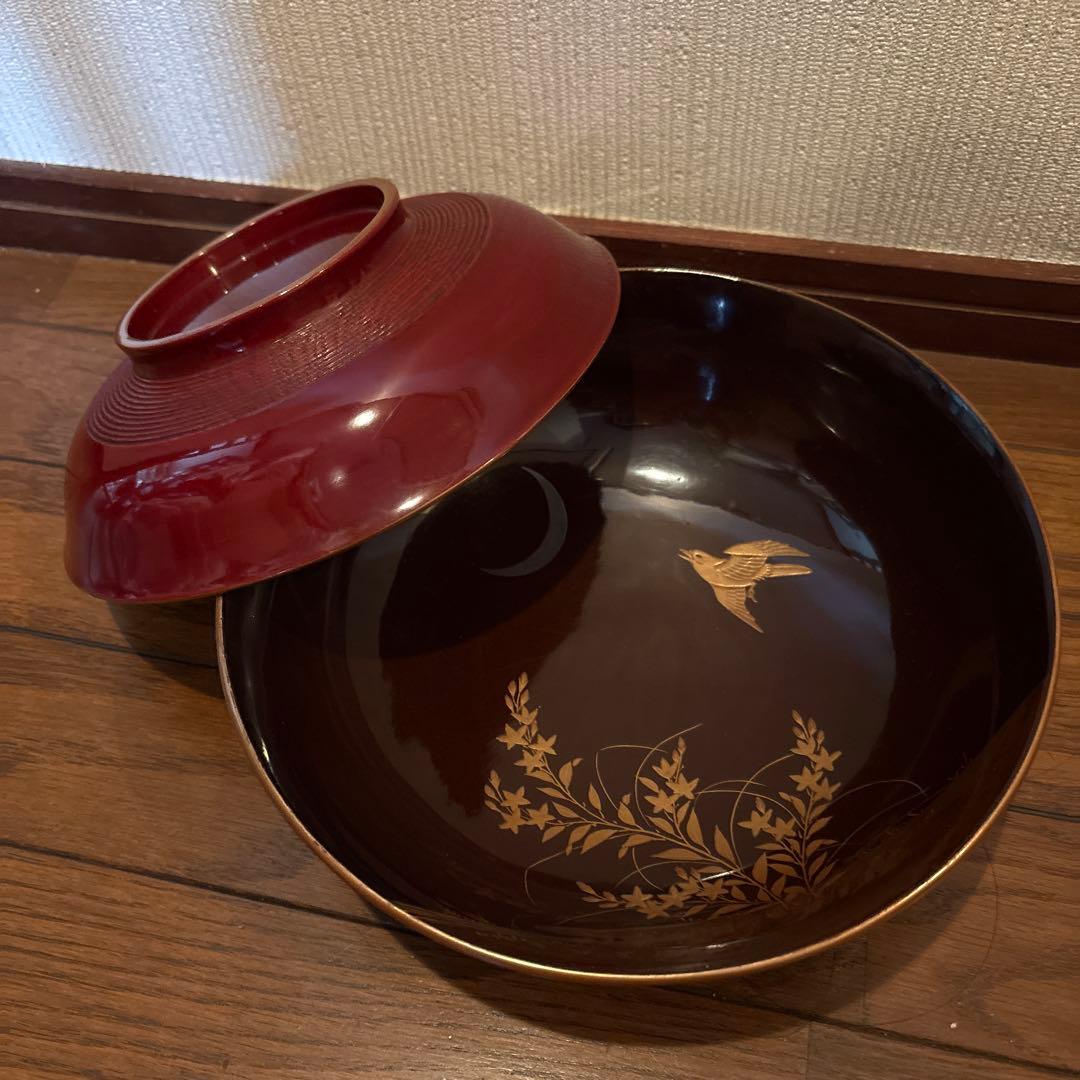 黒塗蒔絵菓子鉢アンティーク大平木箱付き漆器蓋付き金蒔絵風流な絵付けわびさび茶道具
