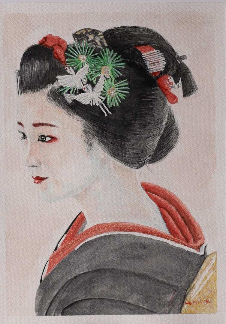 『挑む（のぞむ）』　※京都の舞妓さん。　手描き1点物。（水彩防カビ保護ワニス済）