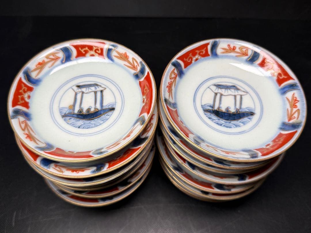 骨董 古伊万里 錦手 花鳥図 蓋茶碗 16客 無傷 明治 江戸 染錦 木箱