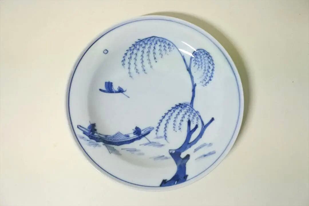 中国明末清初　古染付　舟　人物　風景図　皿　骨董品　アンティーク