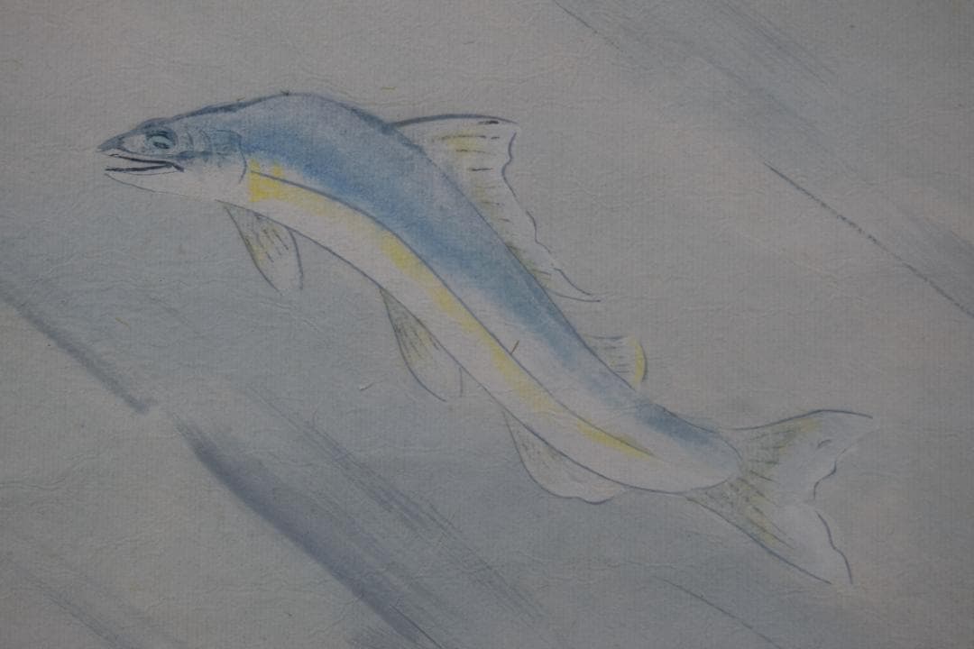 【真作】杉原元人/鮎図/群鮎渓流図/掛軸☆宝船☆Z-377