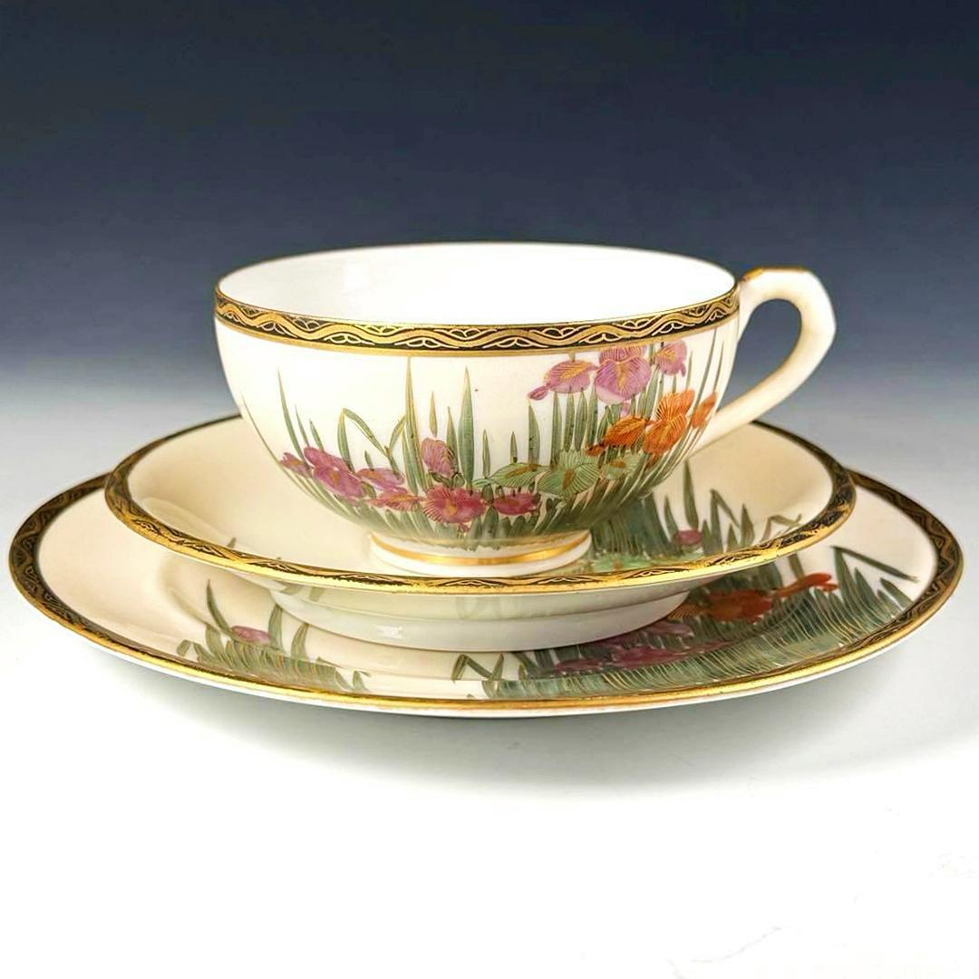 極美品■オールドニッポン 薩摩 エッグシェル 金彩 菖蒲図紋 キャビネットトリオ