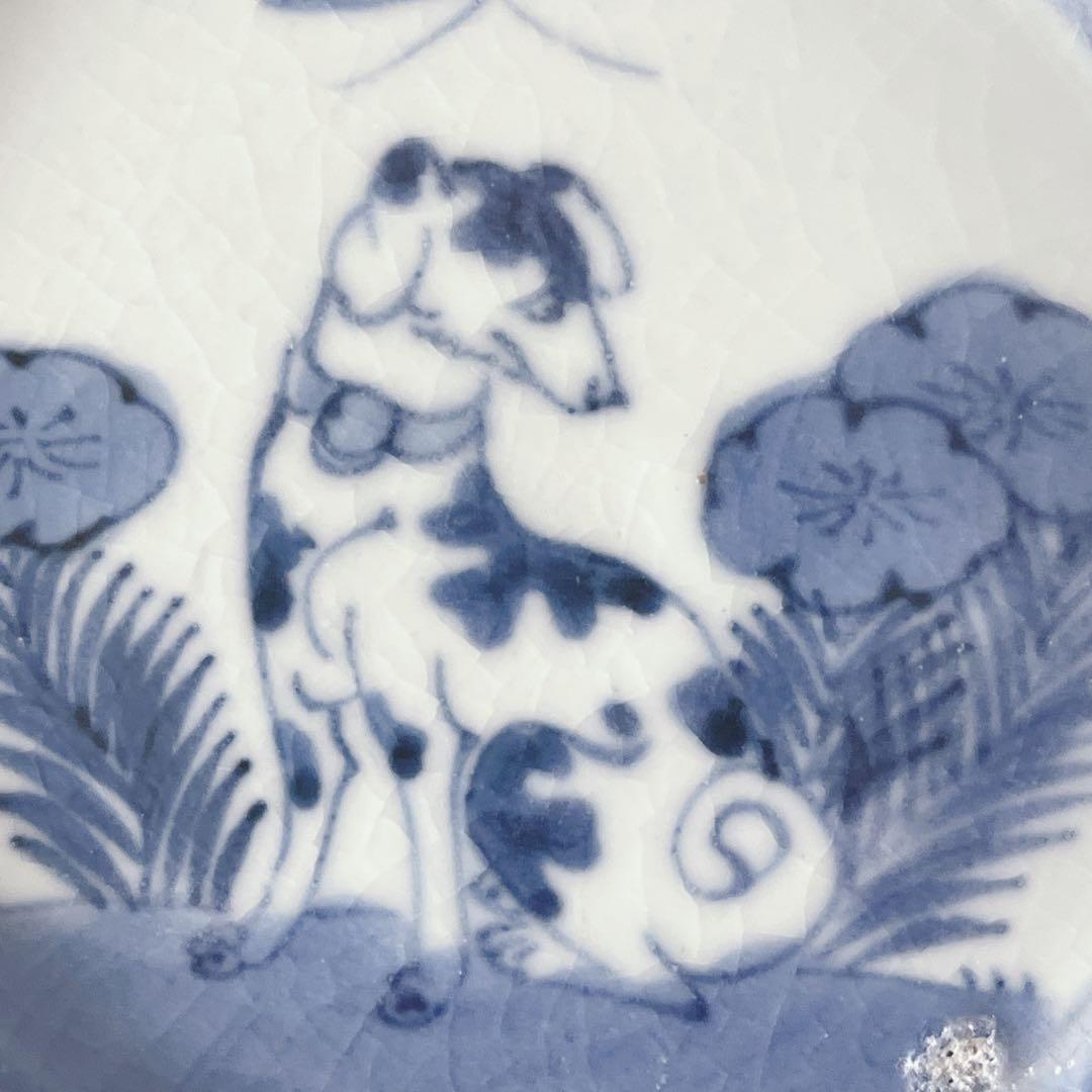 古伊万里　染付洋犬文皿　豆皿　手塩皿　骨董
