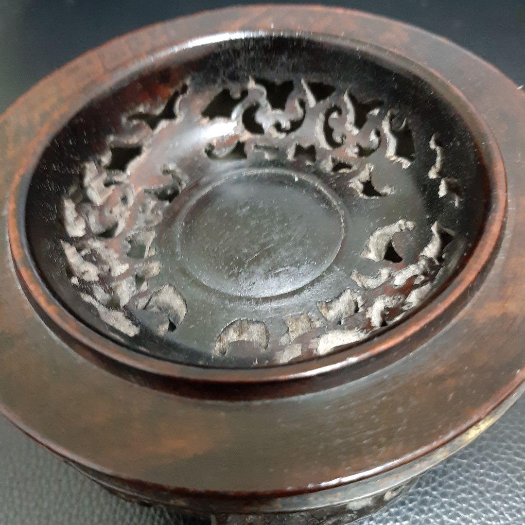 希少　古い銅香炉　香道具　唐木蓋　唐木台座　翡翠摘み　古美術　中国美術