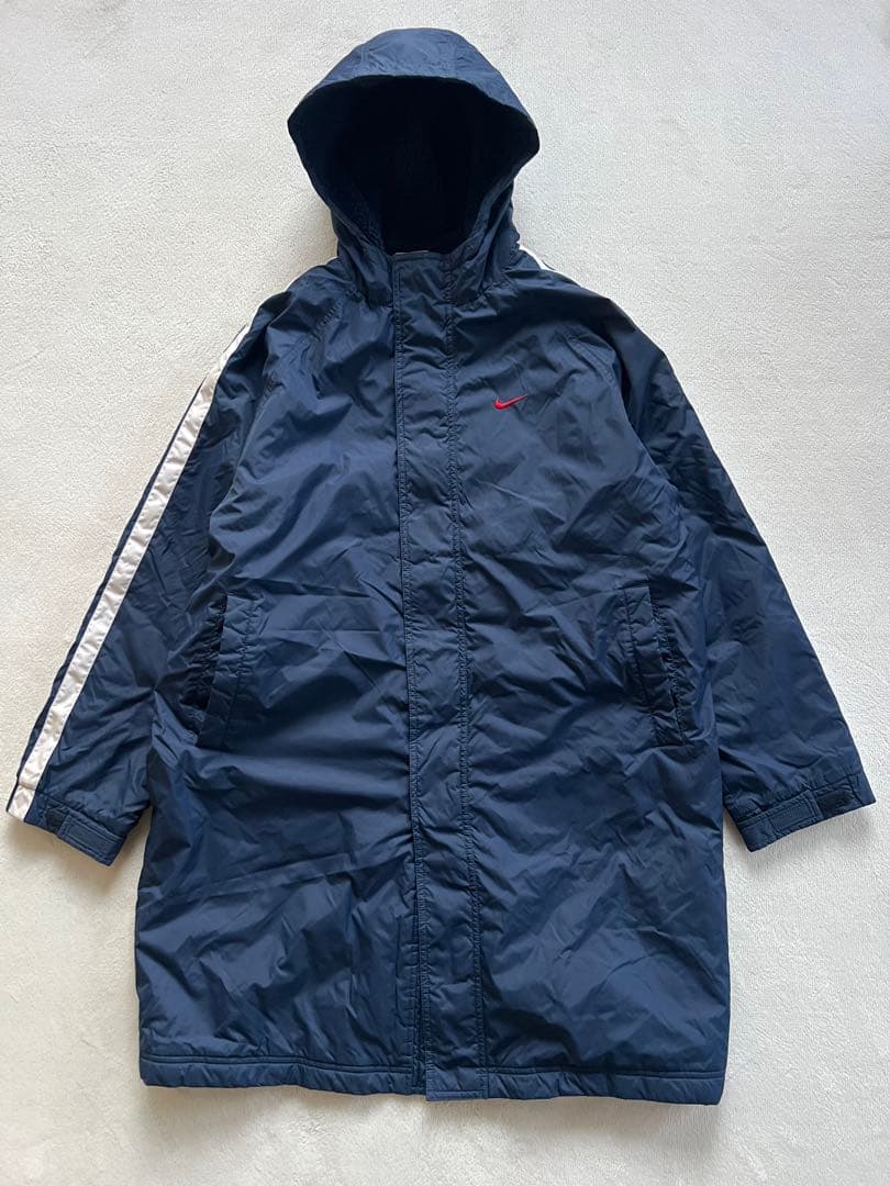 NIKE ナイキ 160㎝ ベンチコート 裏ボア 紺ネイビー 赤レッド 刺繍ロゴ